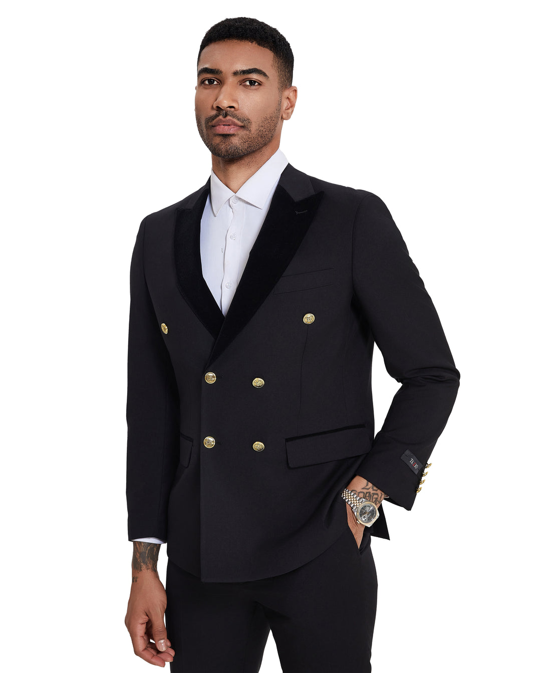Tazzio Men's Black 2-Piece Solid Satin Peak Lapel Double-Breasted Suit