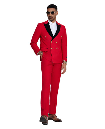 Tazzio Men's Red 2-Piece Solid Satin Peak Lapel Double-Breasted Suit