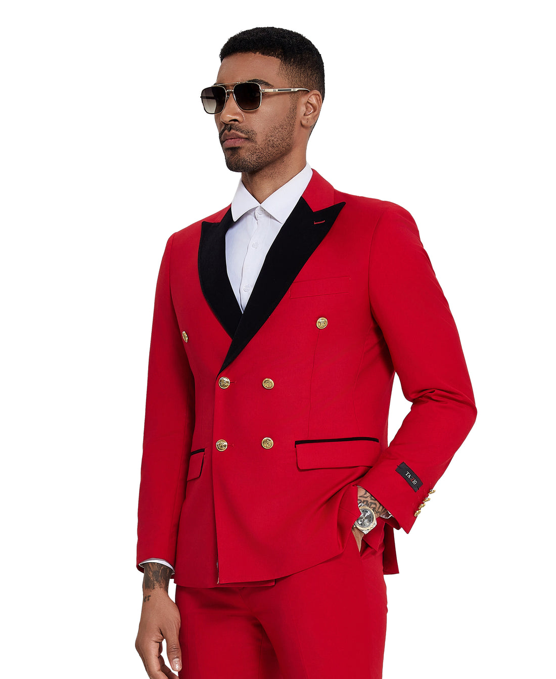 Tazzio Men's Red 2-Piece Solid Satin Peak Lapel Double-Breasted Suit
