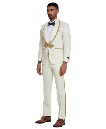 Tazzio Men's Ivory & Gold 2-Piece Formal Suit with Decorative Trim