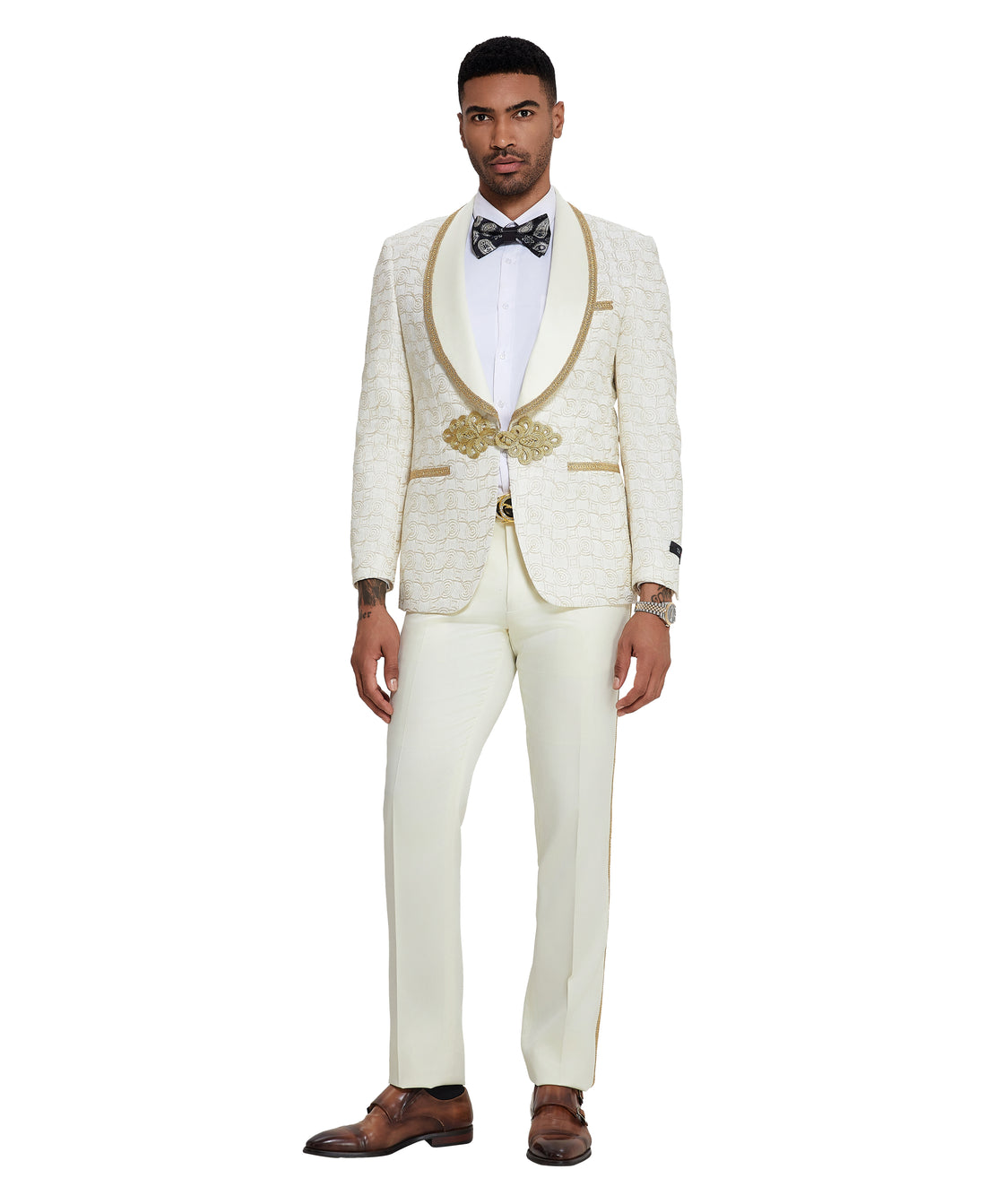Tazzio Men's Ivory & Gold 2-Piece Formal Suit with Decorative Trim