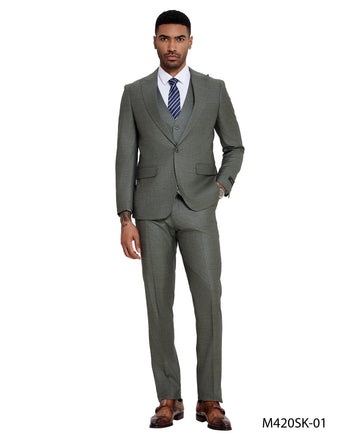 Tazzio Men's Sage 3-Piece Solid Satin Peak Lapel Double-Breasted Suit