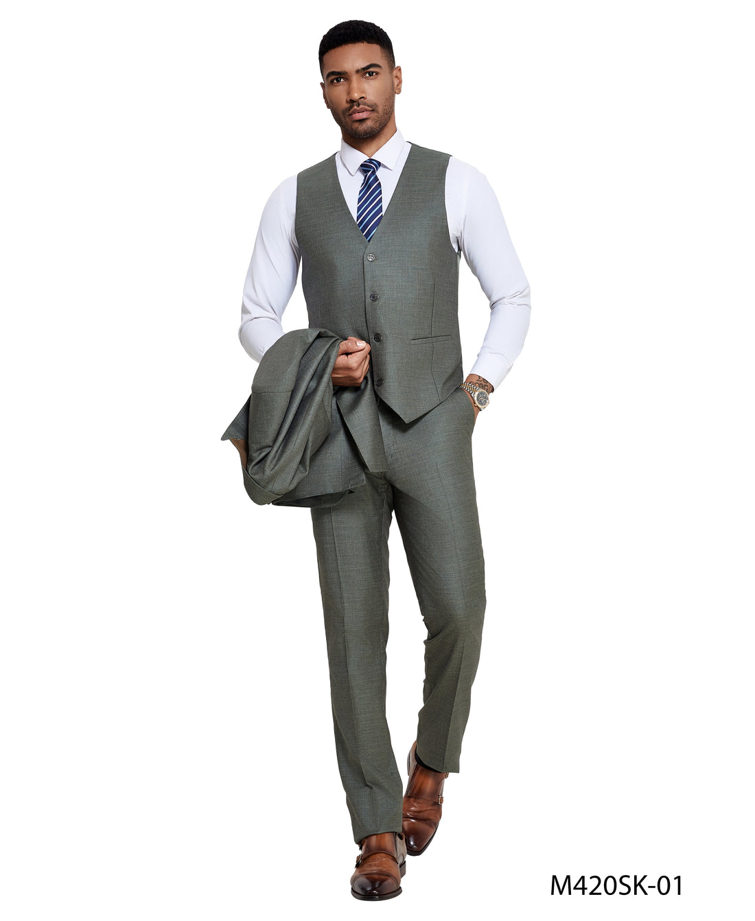 Tazzio Men's Sage 3-Piece Solid Satin Peak Lapel Double-Breasted Suit