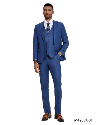 Tazzio Men's Blue 3-Piece Solid Satin Peak Lapel Double-Breasted Suit