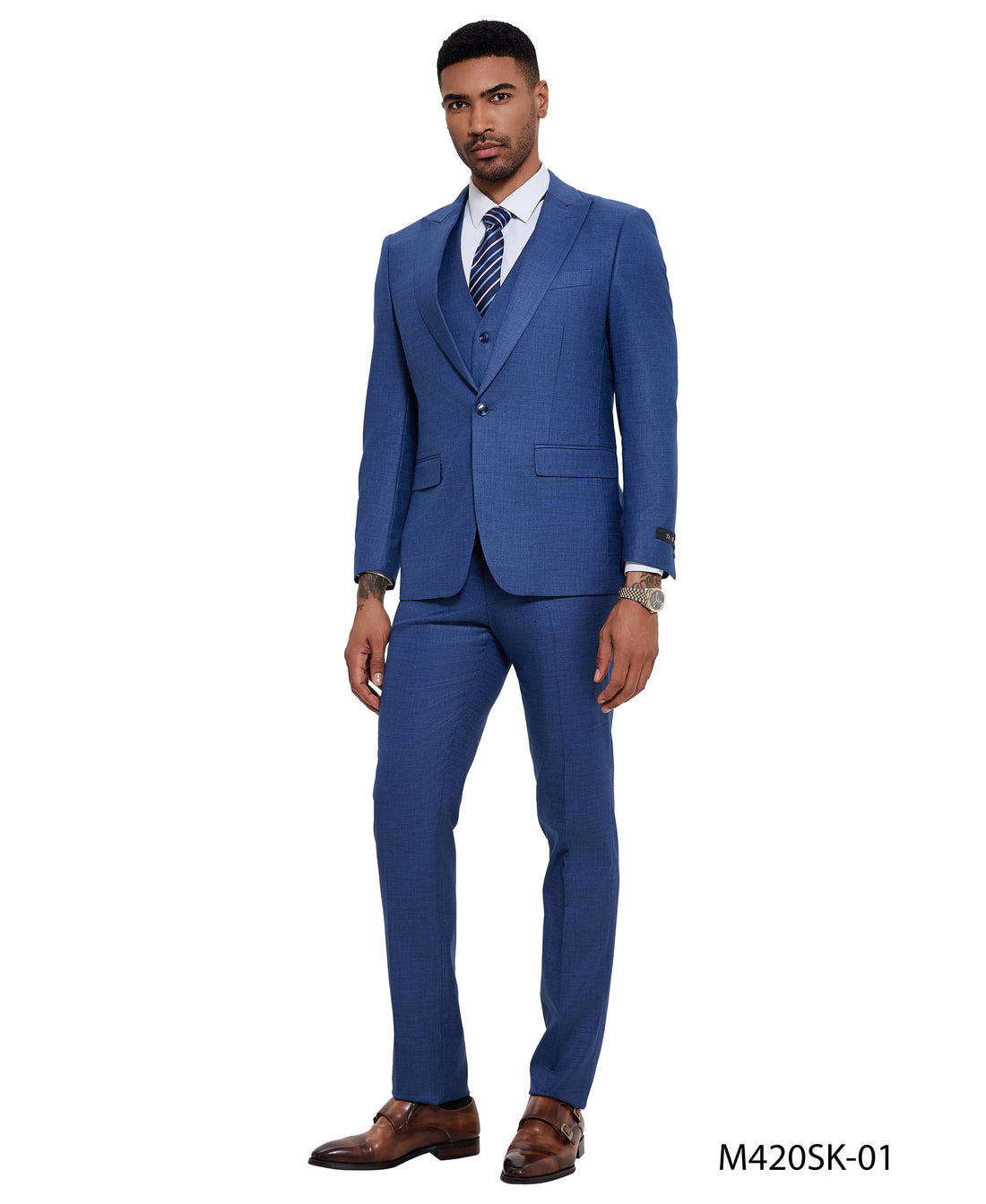 Tazzio Men's Blue 3-Piece Solid Satin Peak Lapel Double-Breasted Suit