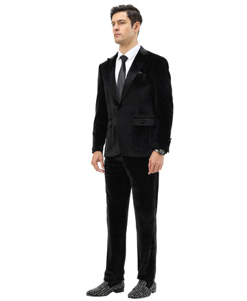Tazzio Men's Black 2-Piece Solid Textured Velvet-Look Peak Lapel Suit