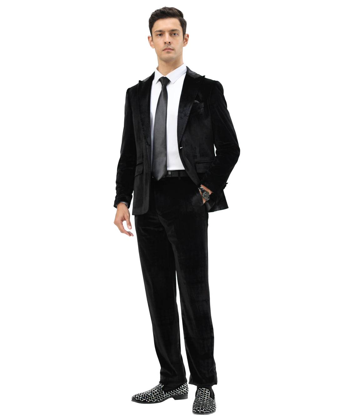 Tazzio Men's Black 2-Piece Solid Textured Velvet-Look Peak Lapel Suit