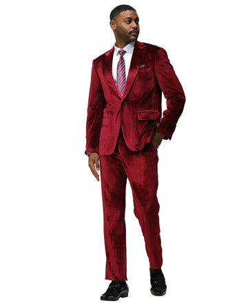 Tazzio Men's Burgundy 2-Piece Solid Textured Velvet-Look Peak Lapel Suit