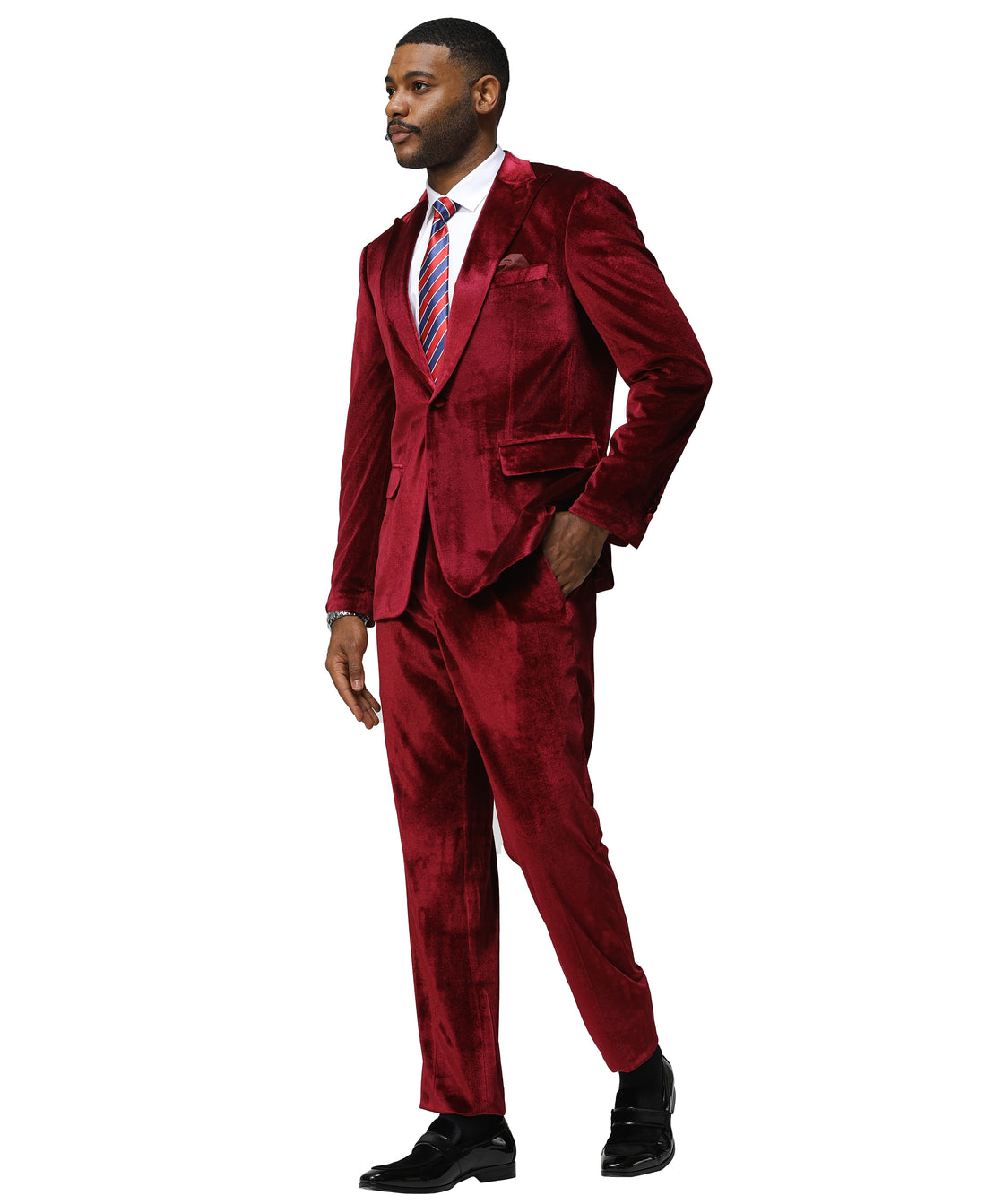 Tazzio Men's Burgundy 2-Piece Solid Textured Velvet-Look Peak Lapel Suit