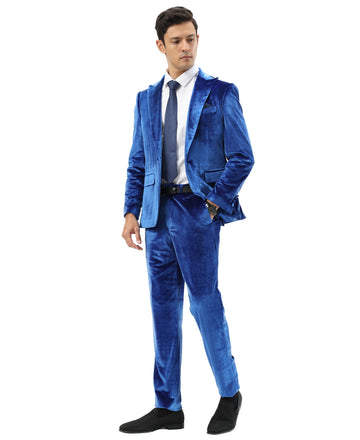 Tazzio Men's Royal Blue 2-Piece Solid Textured Velvet-Look Peak Lapel Suit