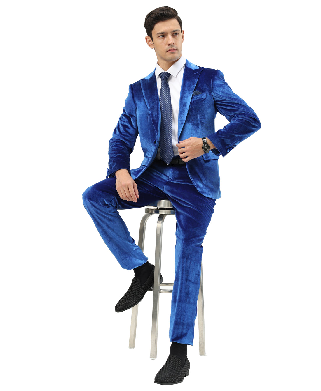 Tazzio Men's Royal Blue 2-Piece Solid Textured Velvet-Look Peak Lapel Suit