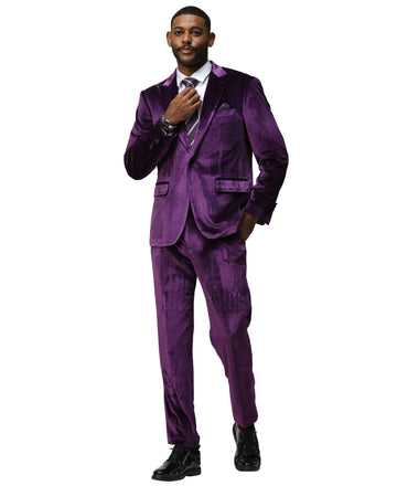 Tazzio Men's Purple 2-Piece Solid Textured Velvet-Look Peak Lapel Suit
