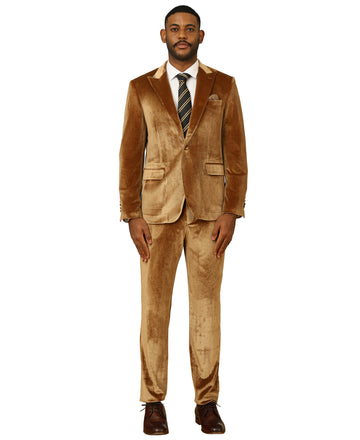 Tazzio Men's Gold Brown 2-Piece Solid Textured Velvet-Look Peak Lapel Suit