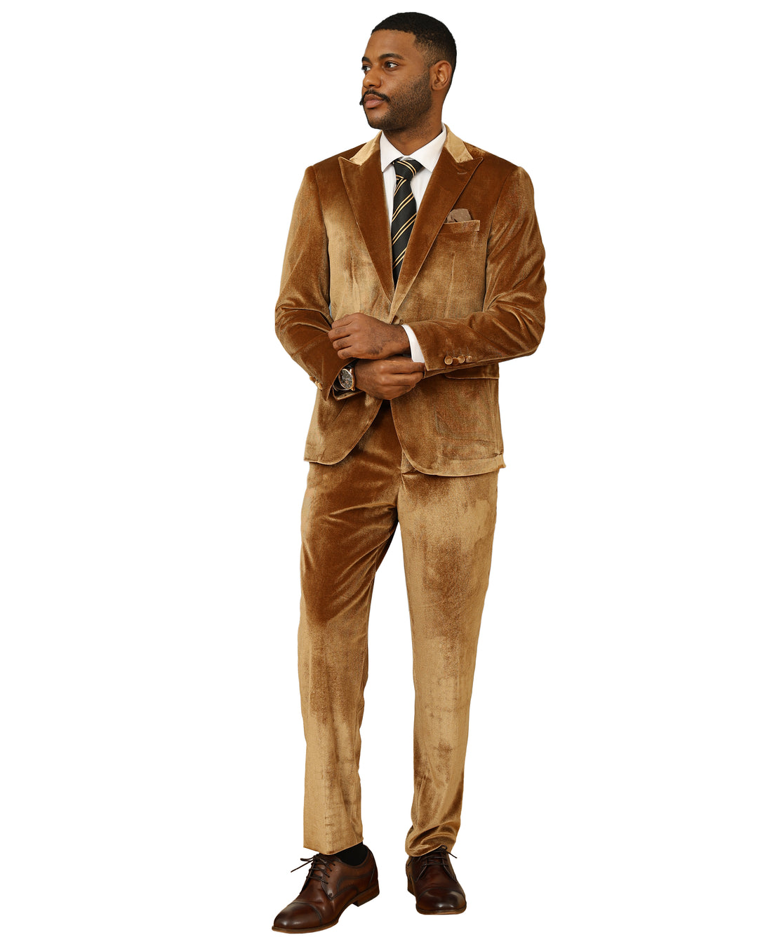 Tazzio Men's Gold Brown 2-Piece Solid Textured Velvet-Look Peak Lapel Suit