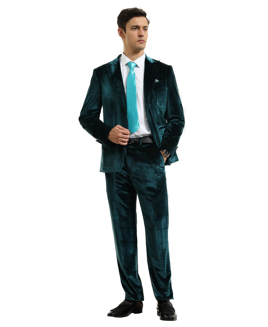 Tazzio Men's Teal 2-Piece Solid Textured Velvet-Look Peak Lapel Suit
