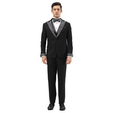 Tazzio Men's Black 3-Piece Solid Satin Rhinestone Peak Lapel Collared Vest Suit