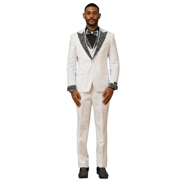 Men's White & Black 3-Piece Suit – Satin Rhinestone Peak Lapel & Collared Vest