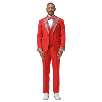 Men's Red 3-Piece Suit – Satin Rhinestone Peak Lapel & Collared Vest