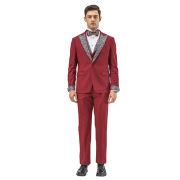 Men's Burgundy 3-Piece Suit – Satin Rhinestone Peak Lapel & Collared Vest