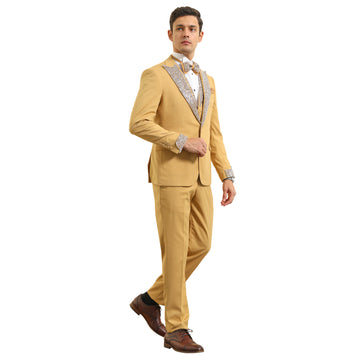 Men's Champagne 3-Piece Suit – Satin Rhinestone Peak Lapel & Collared Vest