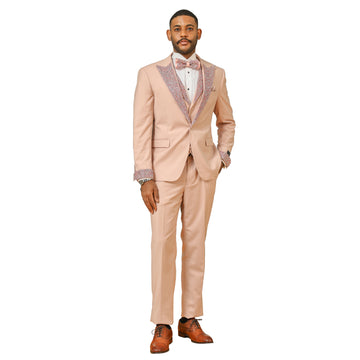 Men's Rose Gold 3-Piece Suit – Satin Rhinestone Peak Lapel & Collared Vest