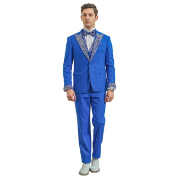 Men's Royal Blue 3-Piece Suit – Satin Rhinestone Peak Lapel & Collared Vest