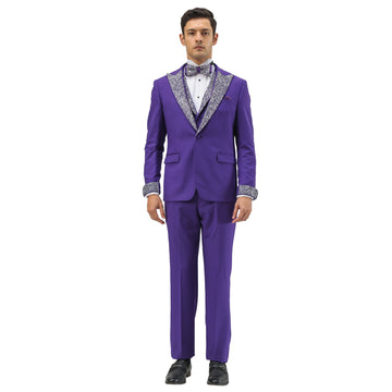 Men's Purple 3-Piece Suit – Satin Rhinestone Peak Lapel & Collared Vest
