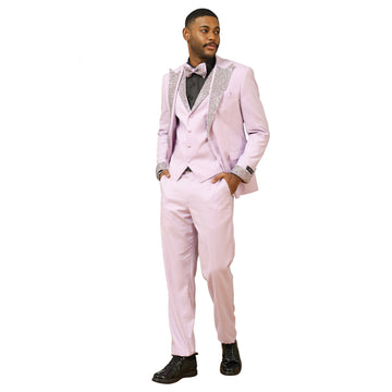 Men's Lavender 3-Piece Suit – Satin Rhinestone Peak Lapel & Collared Vest