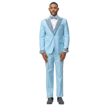 Men's Sky Blue 3-Piece Suit – Satin Rhinestone Peak Lapel & Collared Vest