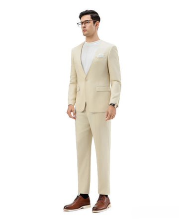 Men's Tan 2-Piece Band Collar Suit – Modern Slim Fit Wedding Suit