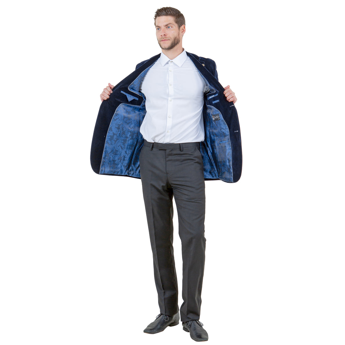 Tazzio Men's Navy Velvet Blazer – Modern Fit Notch Lapel Jacket