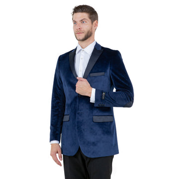 Tazzio Men's Navy Velvet Blazer – Modern Fit Notch Lapel Jacket