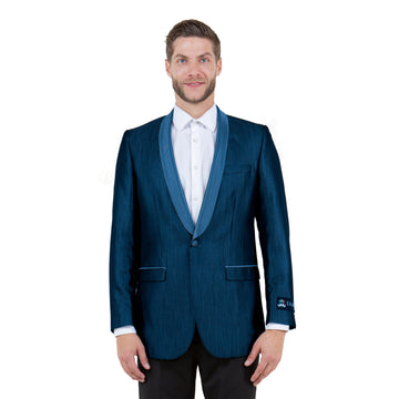 Tazzio Men's Blue Satin Textured Sport Coat – Shawl Collar Formal Blazer