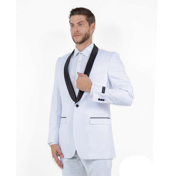 Tazzio Men's White & Black Satin Textured Sport Coat – Shawl Collar Formal Blazer