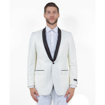 Tazzio Men's White & Black Satin Textured Sport Coat – Shawl Collar Formal Blazer