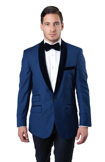 Tazzio Men's Blue & Black Velvet Tuxedo Sport Coat – Satin Shawl Lapel Formal Blazer