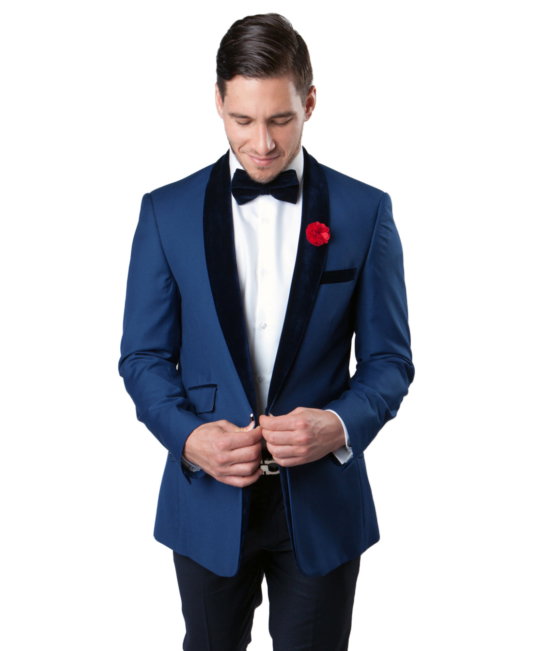 Tazzio Men's Blue & Black Velvet Tuxedo Sport Coat – Satin Shawl Lapel Formal Blazer