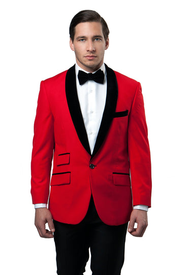 Tazzio Men's Red & Black Velvet Tuxedo Sport Coat – Satin Shawl Lapel Formal Blazer