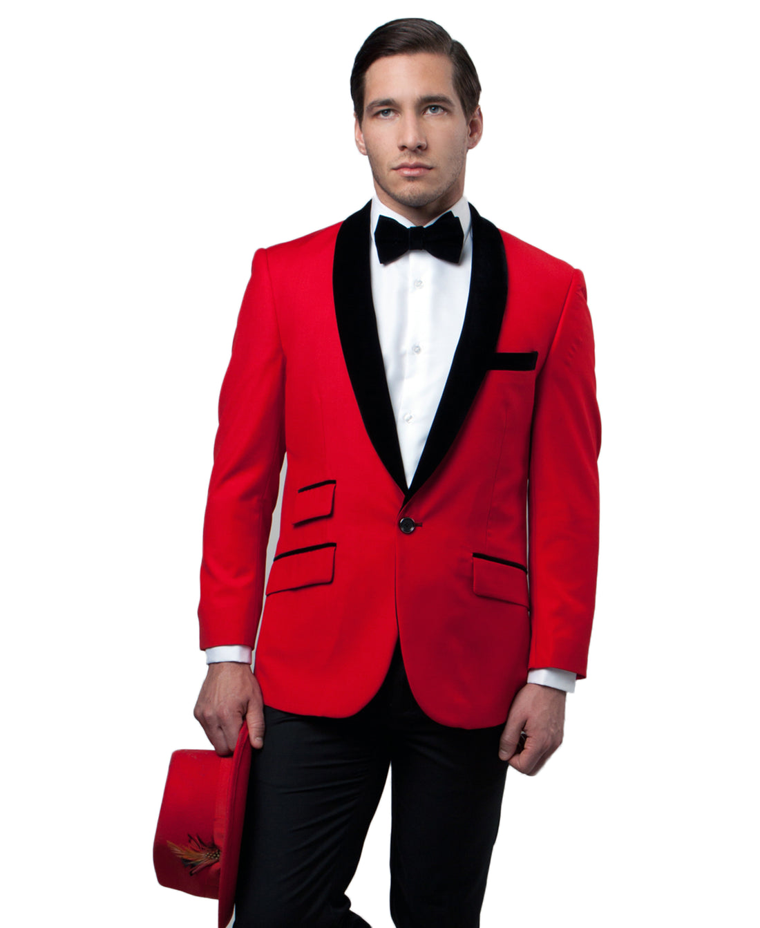 Tazzio Men's Red & Black Velvet Tuxedo Sport Coat – Satin Shawl Lapel Formal Blazer