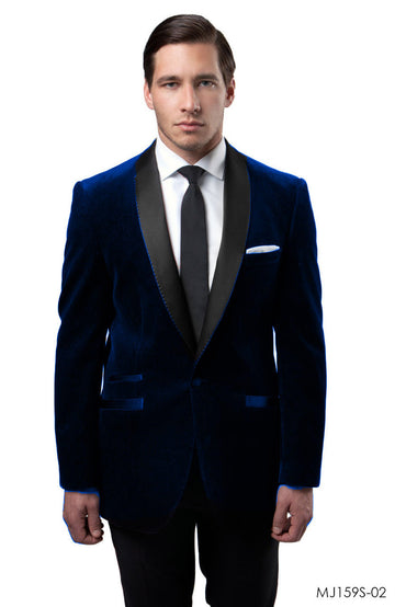 Tazzio Men's Navy Blue Velvet Tuxedo-Inspired Sport Coat – Satin Shawl Lapel Formal Blazer