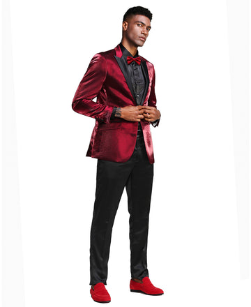 Tazzio Men's Burgundy Velvet Dinner Jacket – Black Satin Shawl Lapel Formal Blazer
