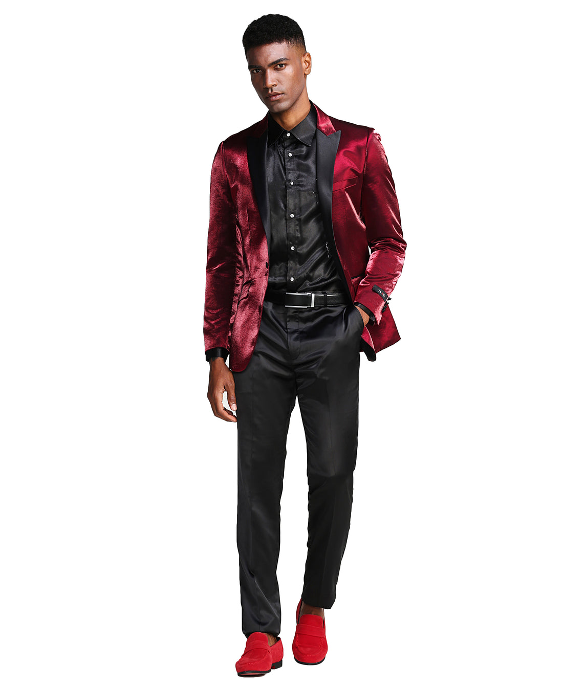 Tazzio Men's Burgundy Velvet Dinner Jacket – Black Satin Shawl Lapel Formal Blazer