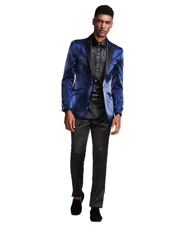 Tazzio Men's Navy Velvet Jacket – Black Satin Shawl Lapel Formal Blazer