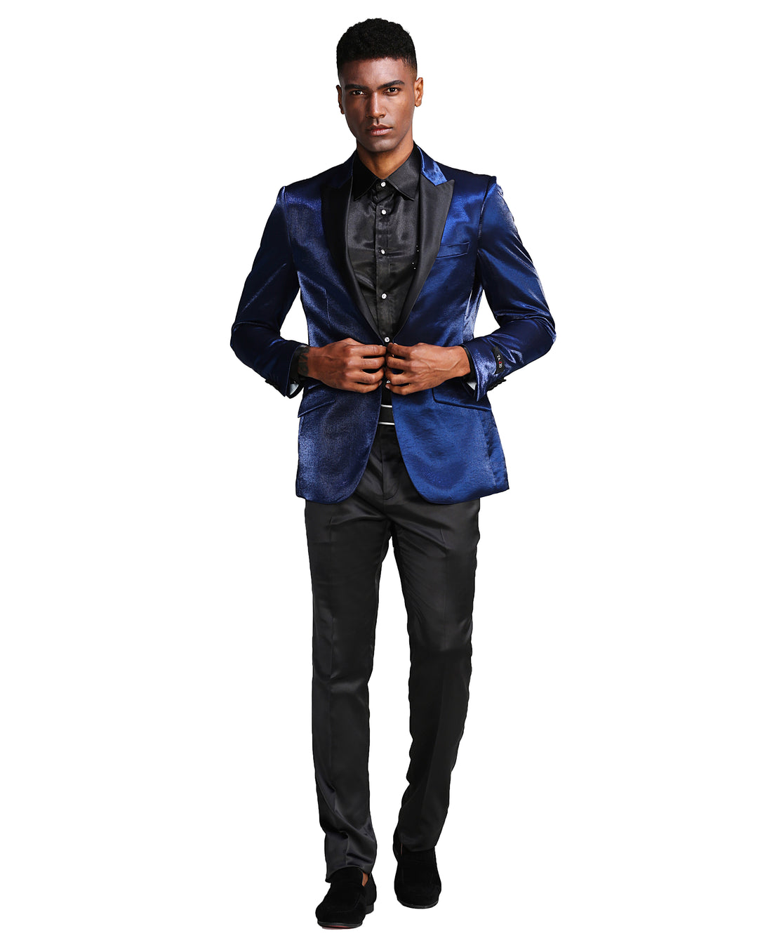 Tazzio Men's Navy Velvet Jacket – Black Satin Shawl Lapel Formal Blazer