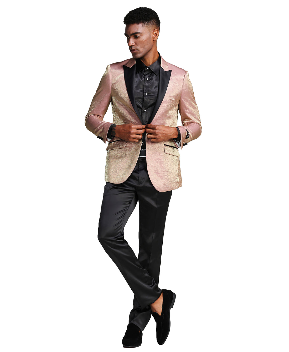 Tazzio Men's Rose Velvet Jacket – Black Satin Shawl Lapel Formal Blazer