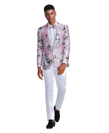 Tazzio Men's Pink Shawl Collar Tuxedo Jacket with Bow Tie – One-Button Formal Blazer