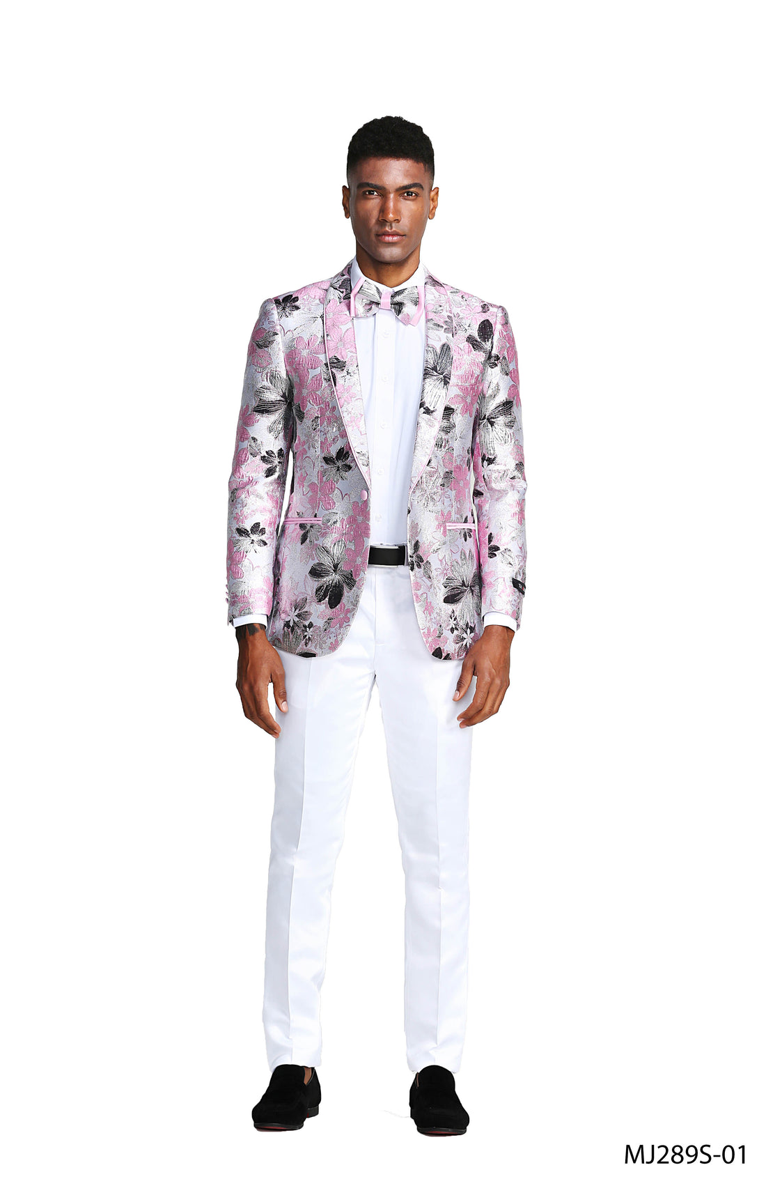 Tazzio Men's Pink Shawl Collar Tuxedo Jacket with Bow Tie – One-Button Formal Blazer