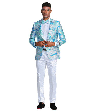 Tazzio Men's Blue Shawl Collar Tuxedo Jacket with Bow Tie – One-Button Formal Blazer