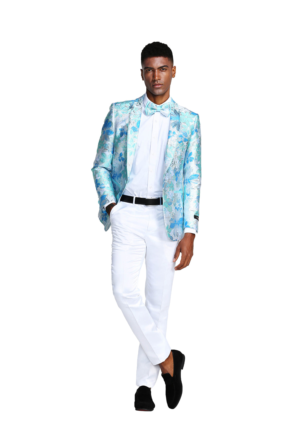 Tazzio Men's Blue Shawl Collar Tuxedo Jacket with Bow Tie – One-Button Formal Blazer