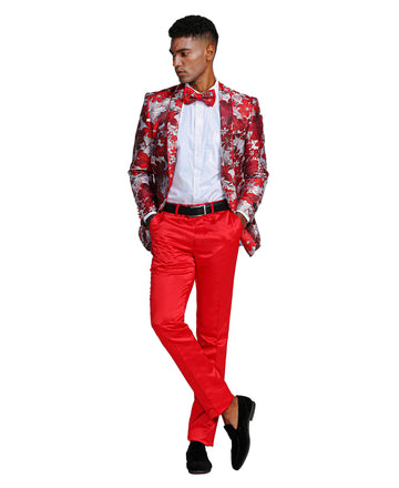 Tazzio Men's Red Shawl Collar Tuxedo Jacket with Bow Tie – One-Button Formal Blazer